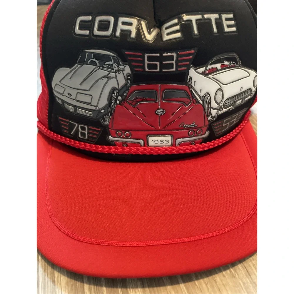 Vintage Corvette Hat Cap Snap Back Black 53 63 78 Models Trucker Foam Mesh